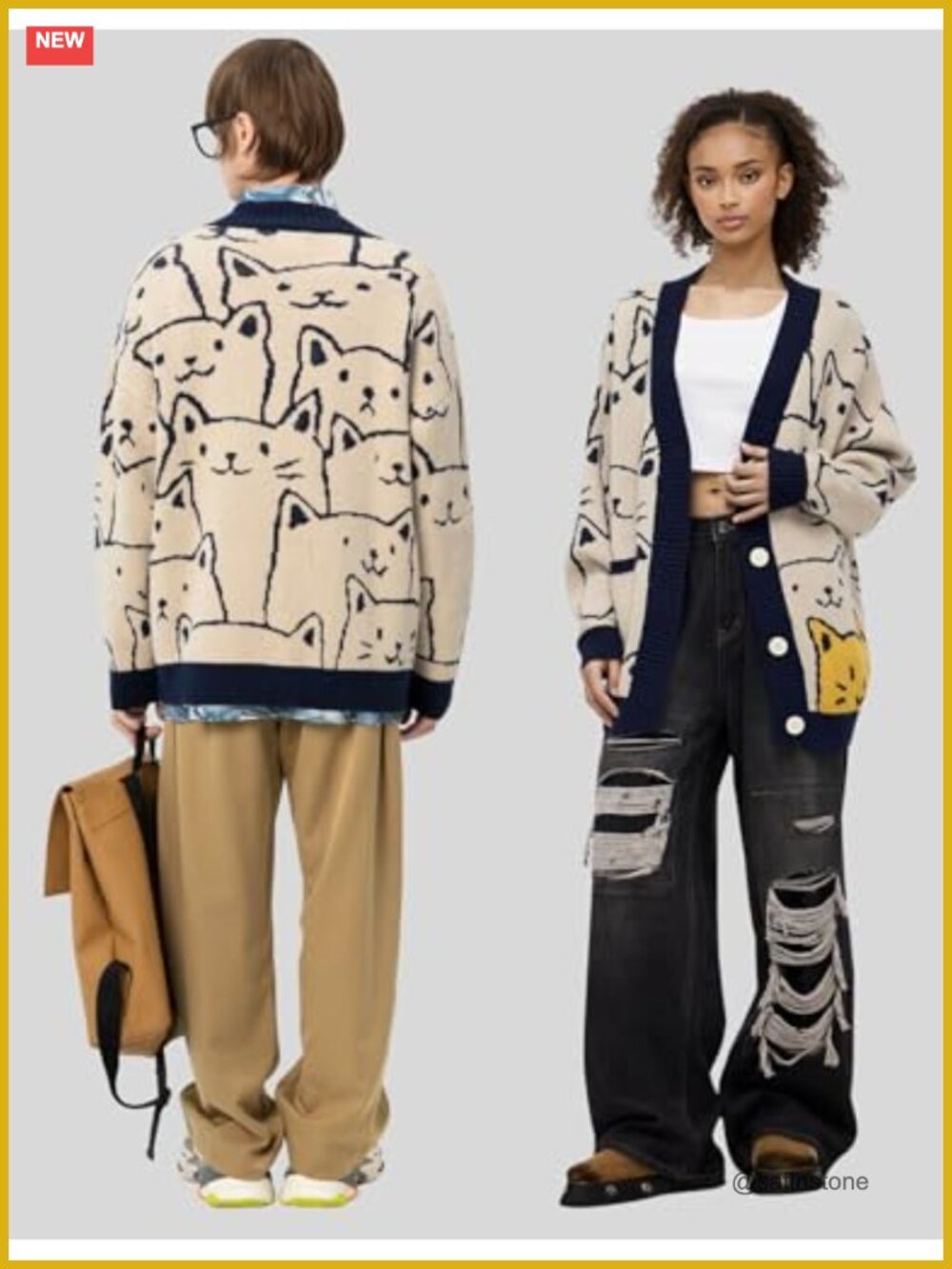 Cat Print V-Neck Cardigan for Men | Oversized Knit Long Sleeve Button Sweater - Picture 2 of 6